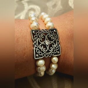 Double Stranded Pearl & Silver Plated Braclet with Rhinestone